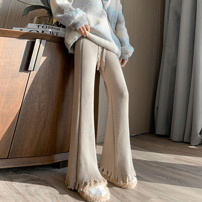 Women's High Waist Micro Flare Tassel Drape Knit Pants - Coffee Color