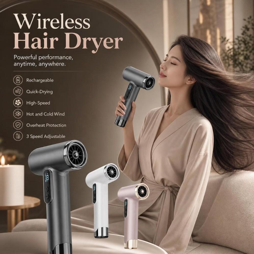 Quick-Drying Wireless Hair Dryer High-Speed Hair Styling Tool Portable Blow Dryer Travel