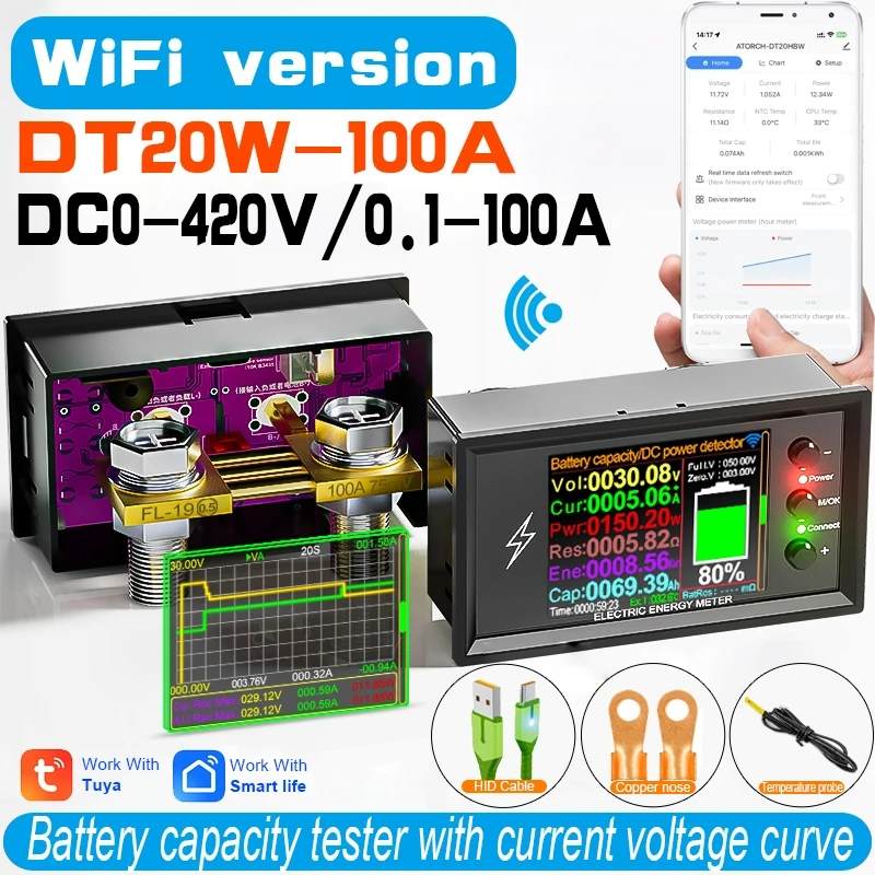 DT20 DC-Messgerät Lithium-Batterie-Leistungskapazitätstester 420 V 30 A-600 A Gleichspannung WiFi Online-Version Bidirektionales Amperemeter