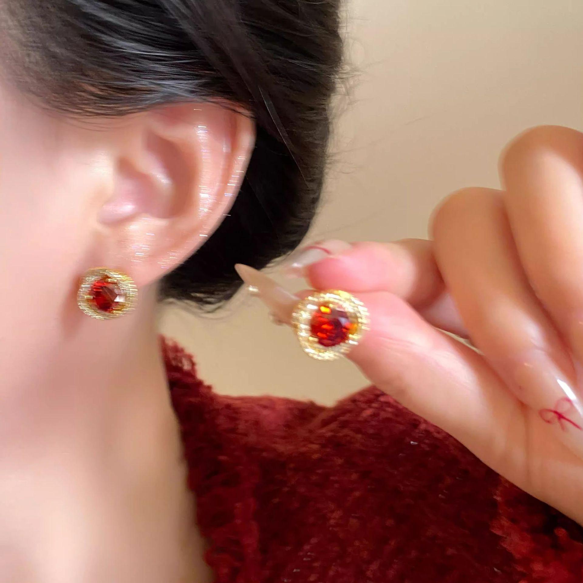 French Pomegranate Red Zirconia Earrings: Elegant, Non-Piercing Ear Clips for Women