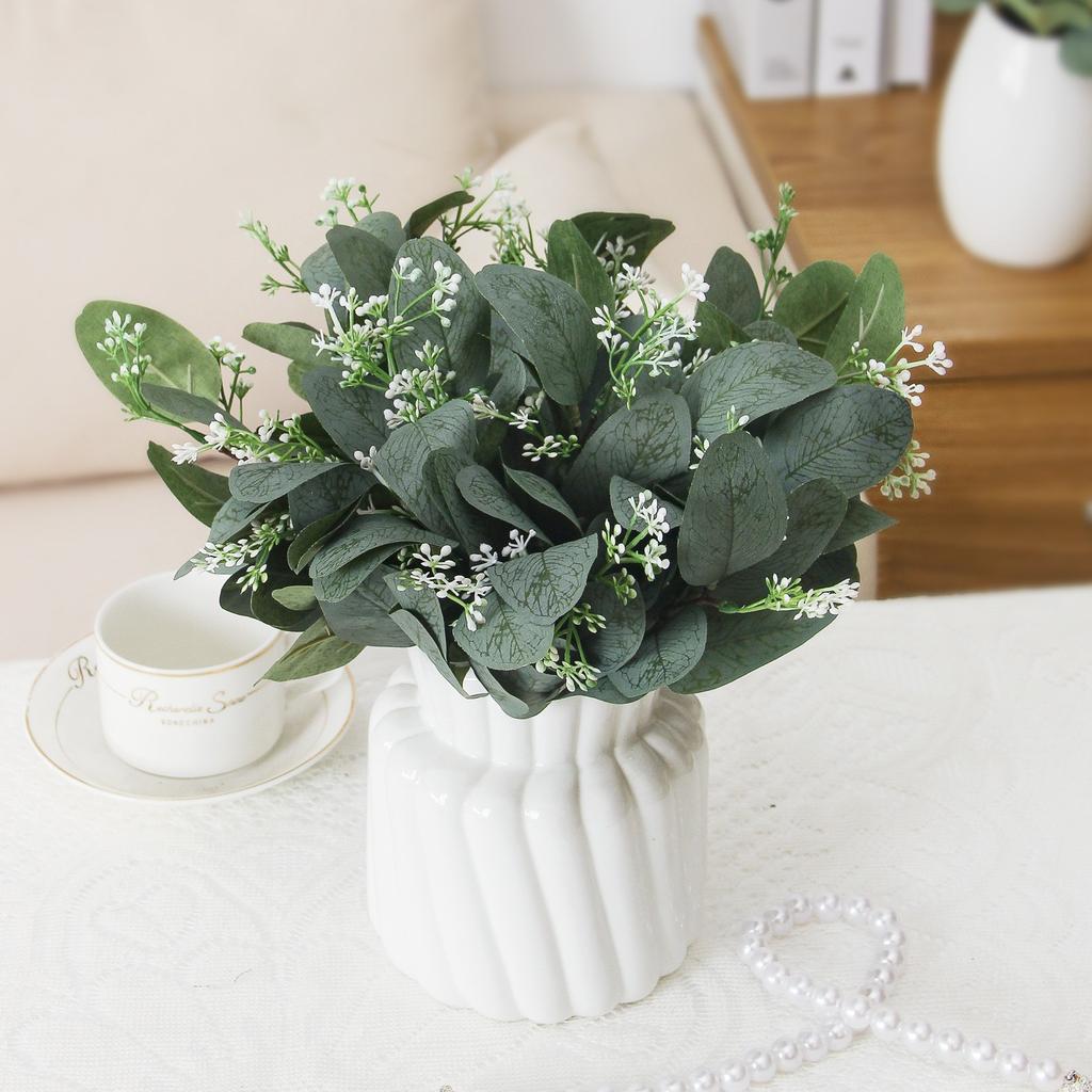 Artificial Eucalyptus Stems with White Flowers, Fake Greenery Branches for Home Wedding Floral Arrangement Decor