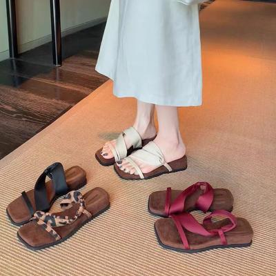 Grape Mother Studiolee Height Increased by 4cm~ Temperament Square Head Wrapped with Satin Small Slope Heel Cool Slippers Women's Summer
