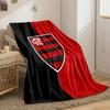 A vertically split black and red background with a striped shield emblem. for all seasons blanket lunch break throw gift