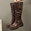 Brown retro British style thick heel platform boots women's 2025 new autumn and winter thin boots knight boots