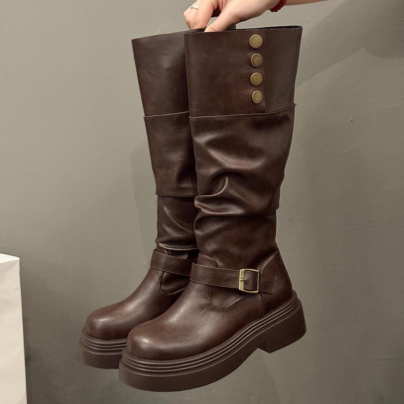 Brown retro British style thick heel platform boots women's 2025 new autumn and winter thin boots knight boots