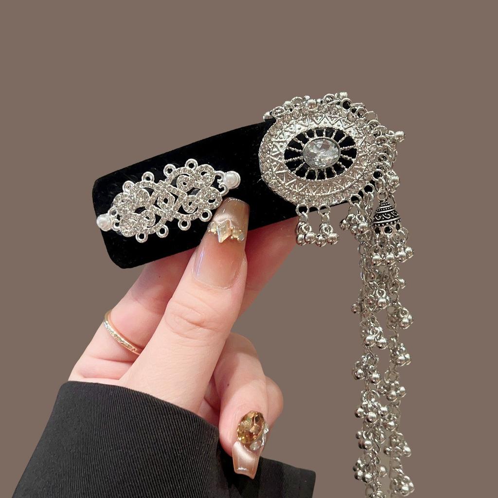 Ethnic Style Hair Clip Fashion Hair Accessories Full Diamond Flash Tassel Headwear Retro Hairpin Imitation Silver Duckbill Clip