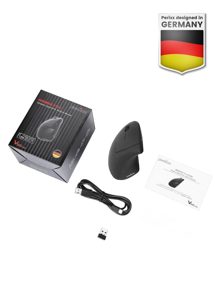 Perixx Cordless Rechargeable Vertical Mouse Dual Wired and Wireless Charging Function Design PERIMICE-713LR - Left-Handed - - 6-Button - Left-Handed