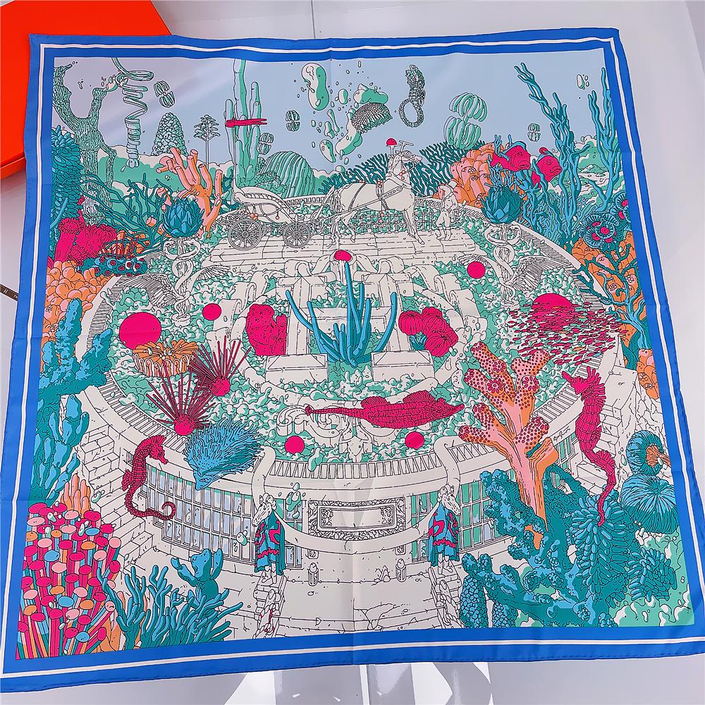90Cm Luxury  Sea World Hijab Scarf Women Bandana Handmade Curled Twill Silk Square Scarf Luxury Foulard Head Scarves Shawls