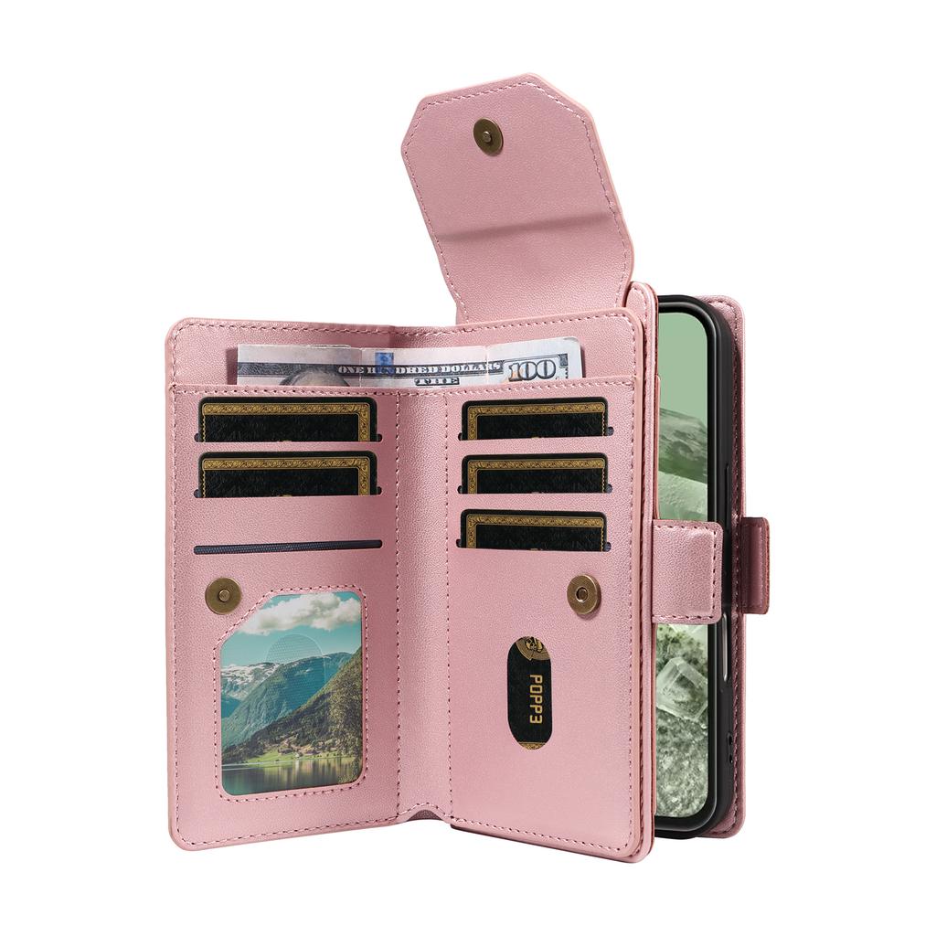 For Google Pixel 8a Case with Multi-Card Holder and Strap PU Leather Phone Cover Stand