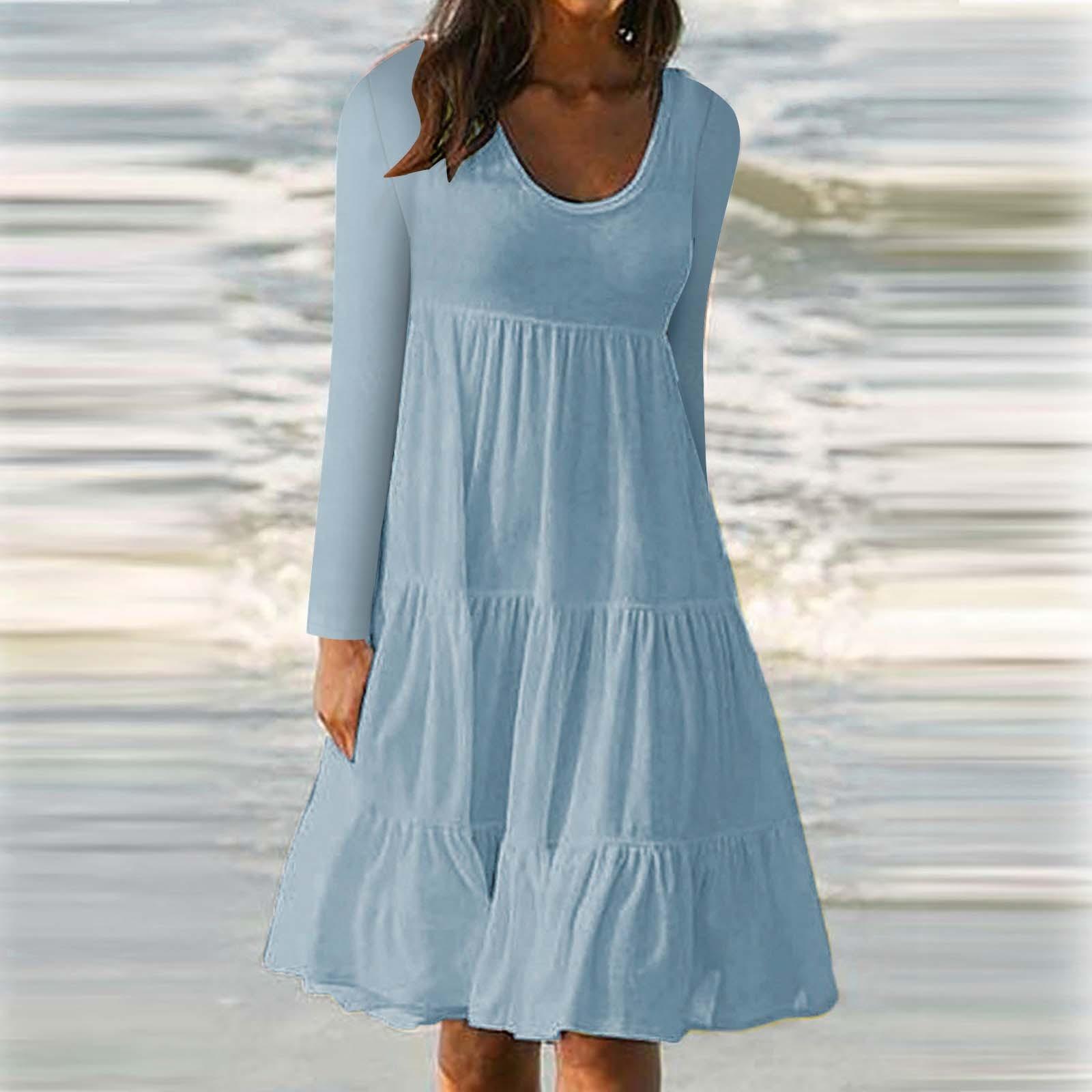 

Women s Fashion Long Sleeve Round Neck Color Big Swing Beach Dress S