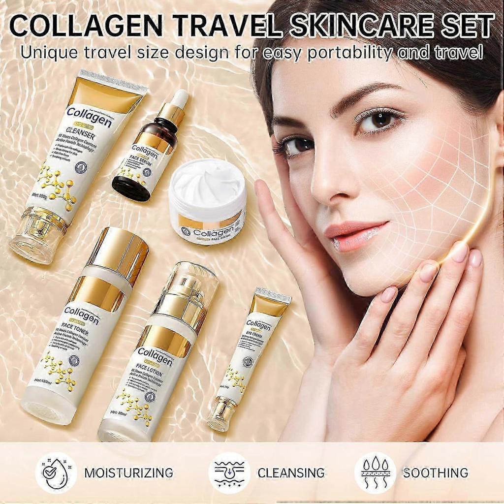Kollagen Hautpflege-Set, Anti-Aging Hautpflege-Set für das Gesicht, Poren verfeinern, Haut mit Feuchtigkeit versorgen & straffen, 6-teiliges Hautpflege-Set mit Reinigungsmittel, Toner, Lotion, Serum,