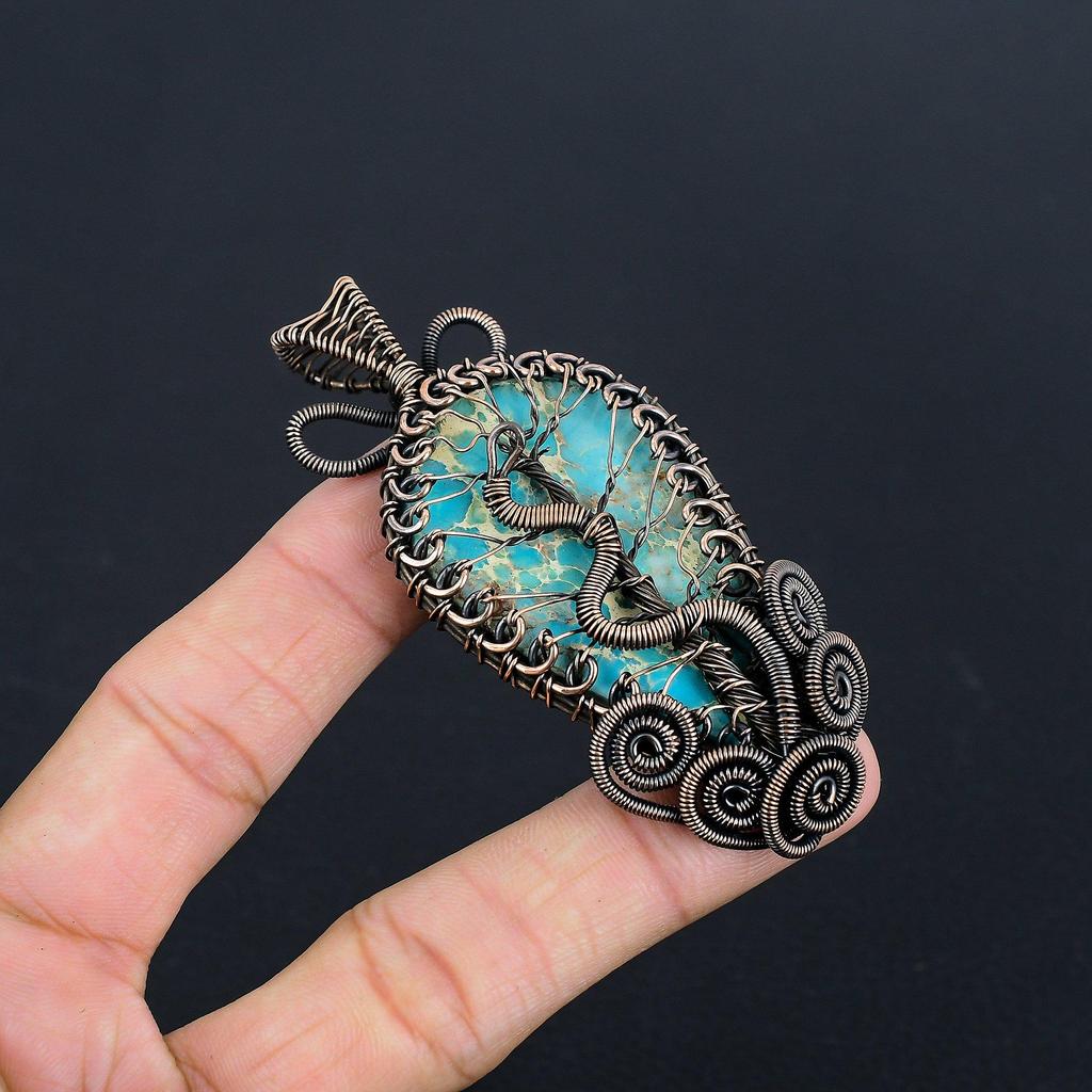Blue Sea Sediment Pendant Gemstone Jewelry, 999 Copper Wire Wrapped Pendant, Gift For Women Handmade Pendant