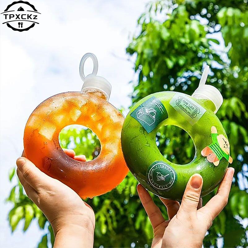 Cute Donuts Water Bottle For Kids Cartoon Silicone Portable Travel Round Cup Portable Anti Fall Plastic Cup Kids Gift 500ml