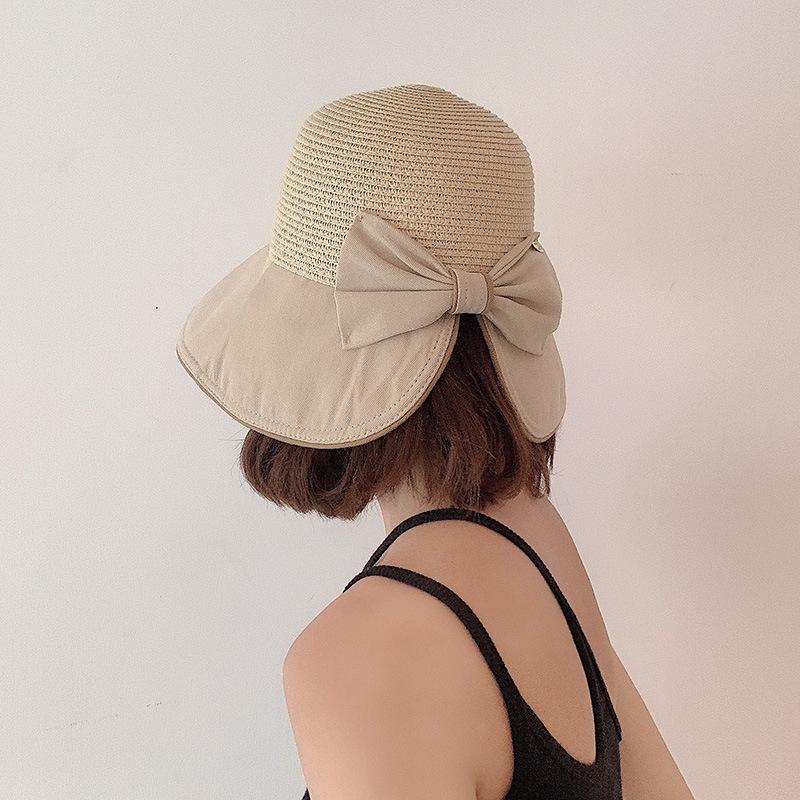 Bow big brim sun hat children versatile travel splicing straw hat summer sunscreen bucket hat folding tide