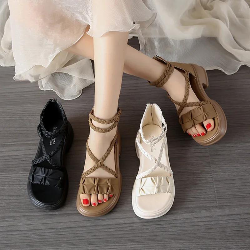 Fashion Women Sandals Platform Weave Summer Heeled Shoes Casual 2025 Designer New Walking Open Toe Shoes Woman Zippers Mujer Sandalias
