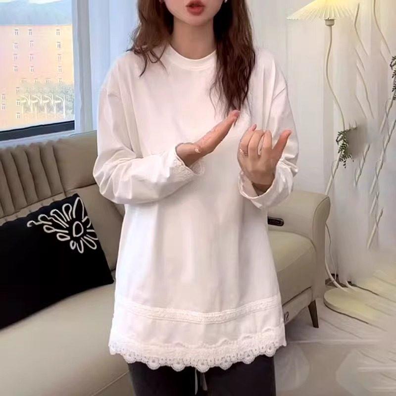 Women's Spring Mid-Length Brushed Long-Sleeve T-Shirt with Stylish Lace Patchwork