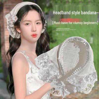 Women's Summer French Pastoral White Lace Triangle Headscarf Headband