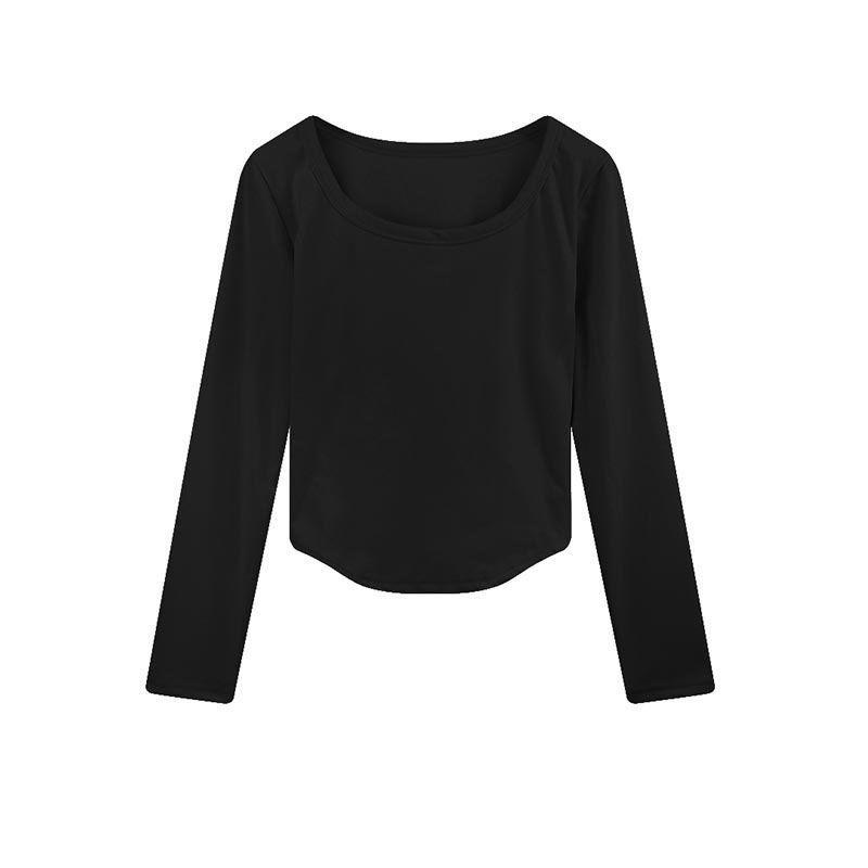 Women Solid Color U Neck Slim Cropped Long Sleeve Warm Fleece Base Layer Shirt