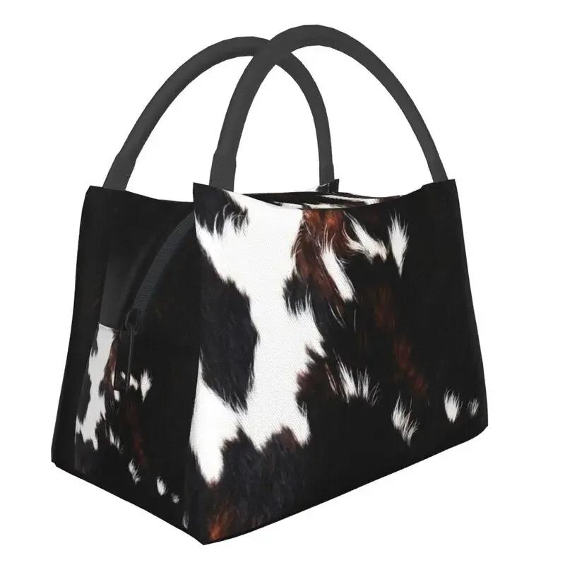 Cowhide Leather 3D Printing Resuable Lunch Box Women Waterproof Animal Fur Texture Thermal Cooler Food Insulated Lunch Bag