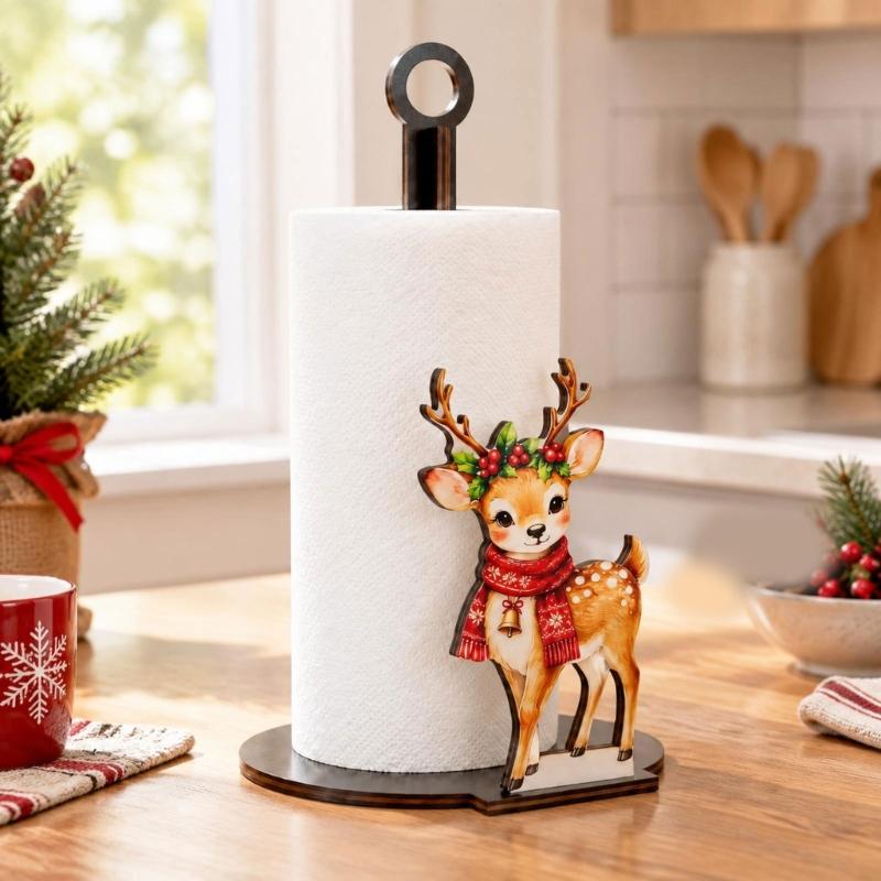 Wood Paper Towel Roll Holder with Vertical Center Post, Round Base, and Christmas Animal Panel for Countertop Use