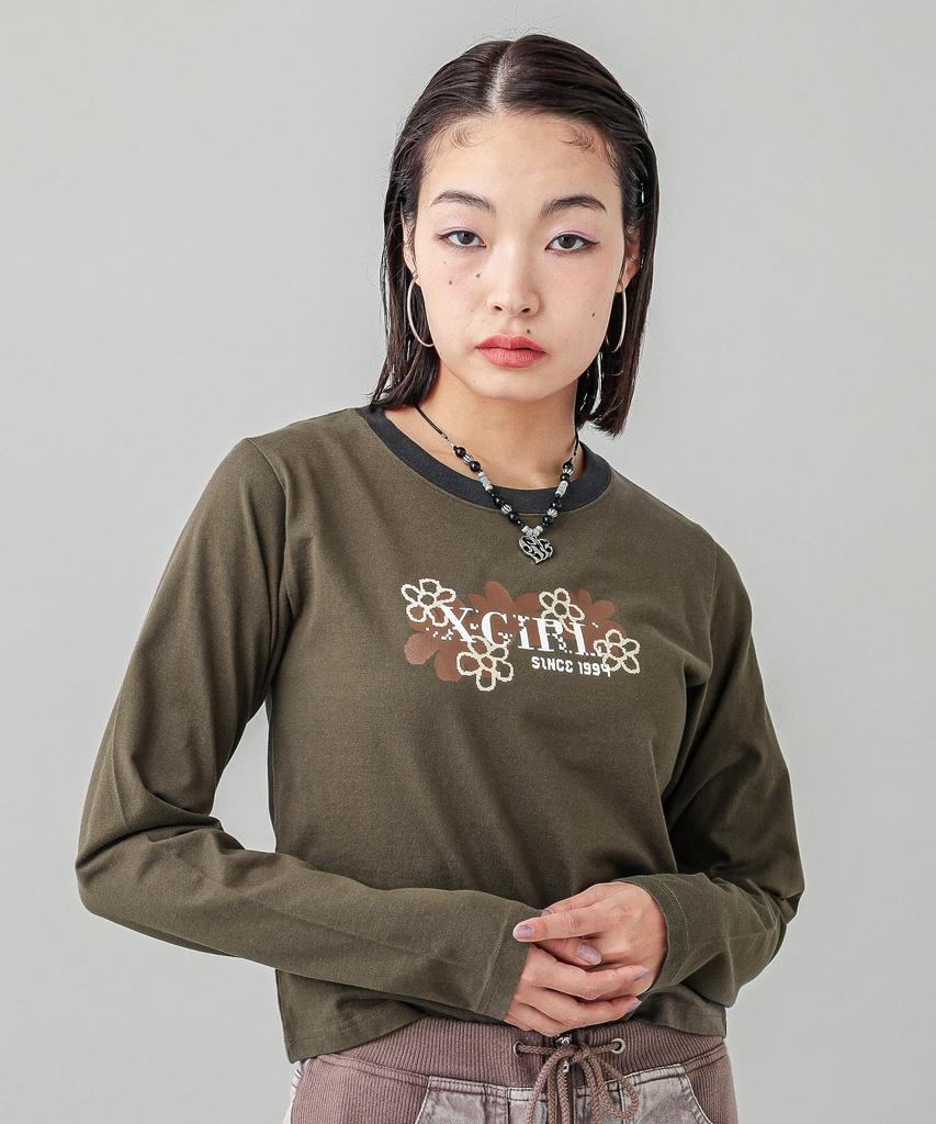 Casual PIXEL FLOWER LOGO BABY TEE OLIVE X-girl L/S
