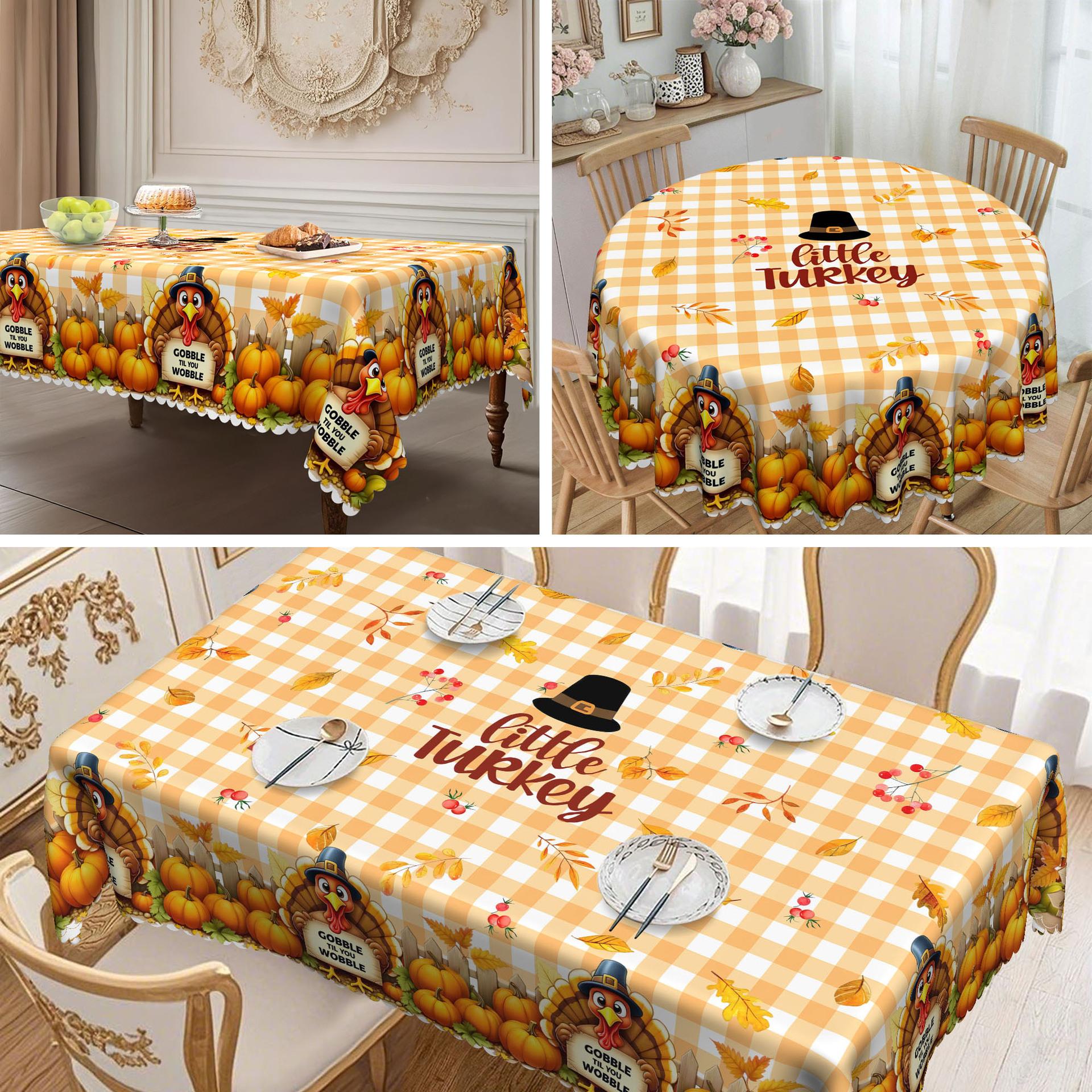 

1 Fall Thanksgiving Polyester Tablecloth Cartoon Turkey, Pumpkin And Sunflower Pattern, Rectangular Tablecloth Round tablecloth-152x152cm