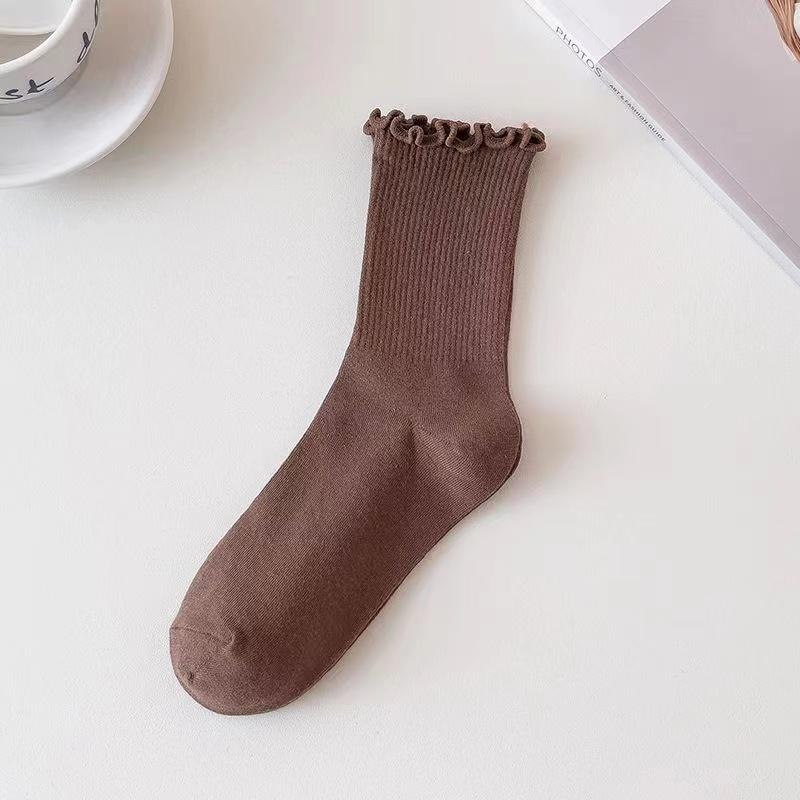 5 Pairs/Lot Ruffled Mid Length Socks Women's Breathable Solid Color Set Spring and Autumn Comfort Sweat-absorbing Girls' Socks