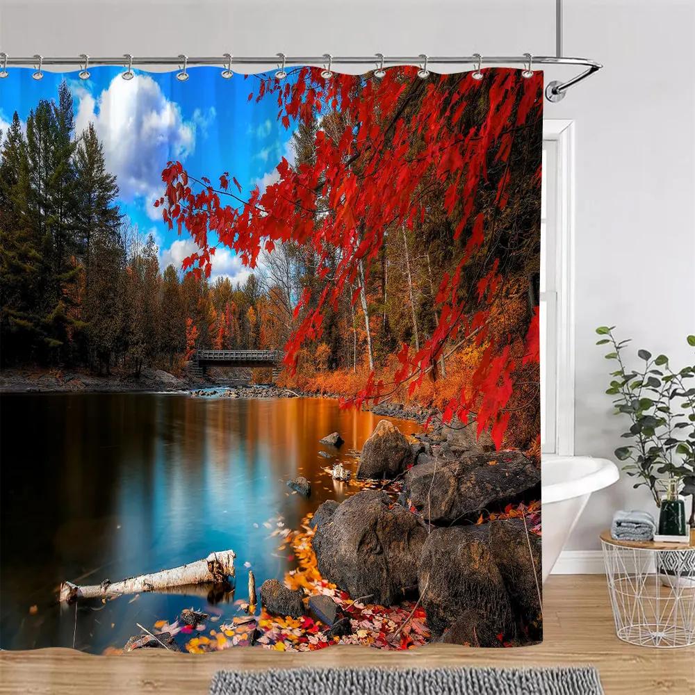Beautiful Autumn Landscape Shower Curtain Forest Lake Fire Red Golden Leaves Nature Landscape Fabric Bath Curtain Bathroom Decor