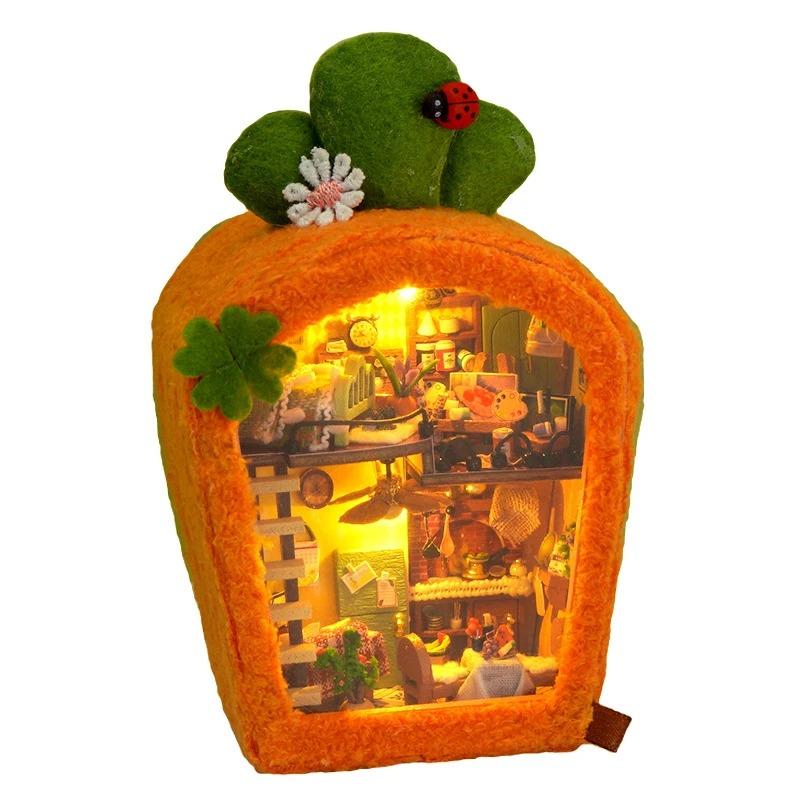 DIY Miniature House Kit, DIY Furry Bear Dolls House Kit, Mini Wooden House Building Kit with LED Light, Halloween/Christmas/Birthday Gifts