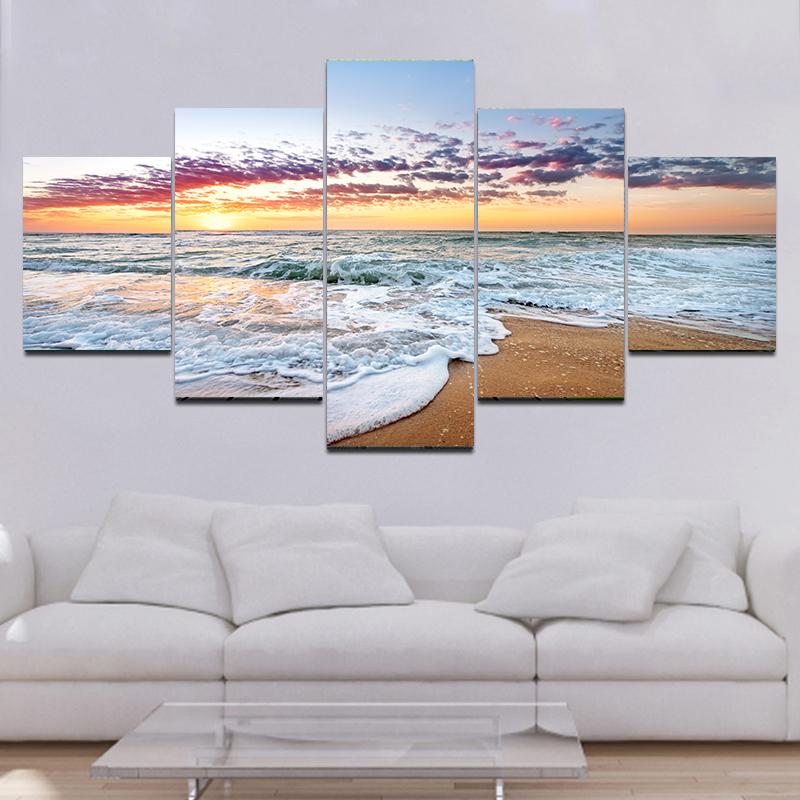 5 Pieces Natural Blue Beach Sunset Landscape Canvas Painting Seascape Posters And Prints Wall Art Pictures Home Decor No Frame