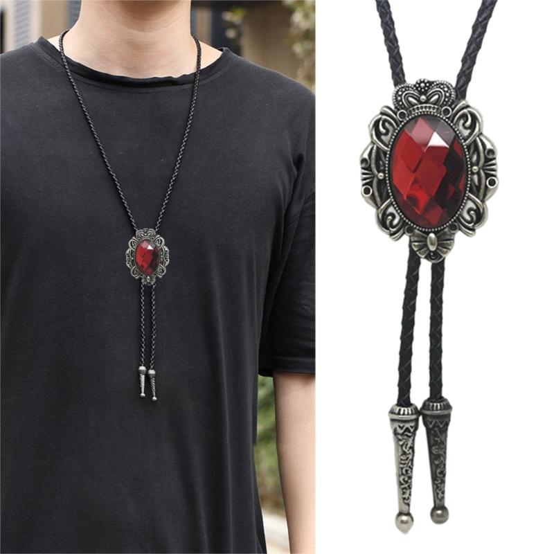 Mens American Bolo Tie Western Antique Crystal Cowboy Pendant Shirt Chain Collar Necktie Leather Rope Jewelry Necklace