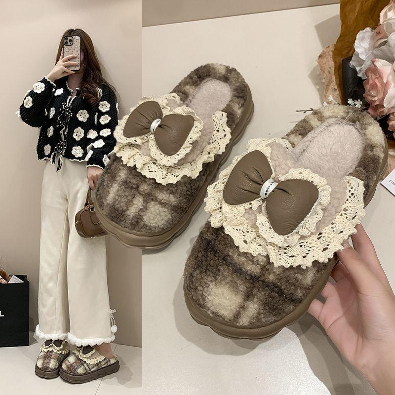 Women's Cotton Slippers Autumn/Winter 2025: Korean Style with Lace Bow, Thick Non-Slip Sole, Warm for Indoor Use.