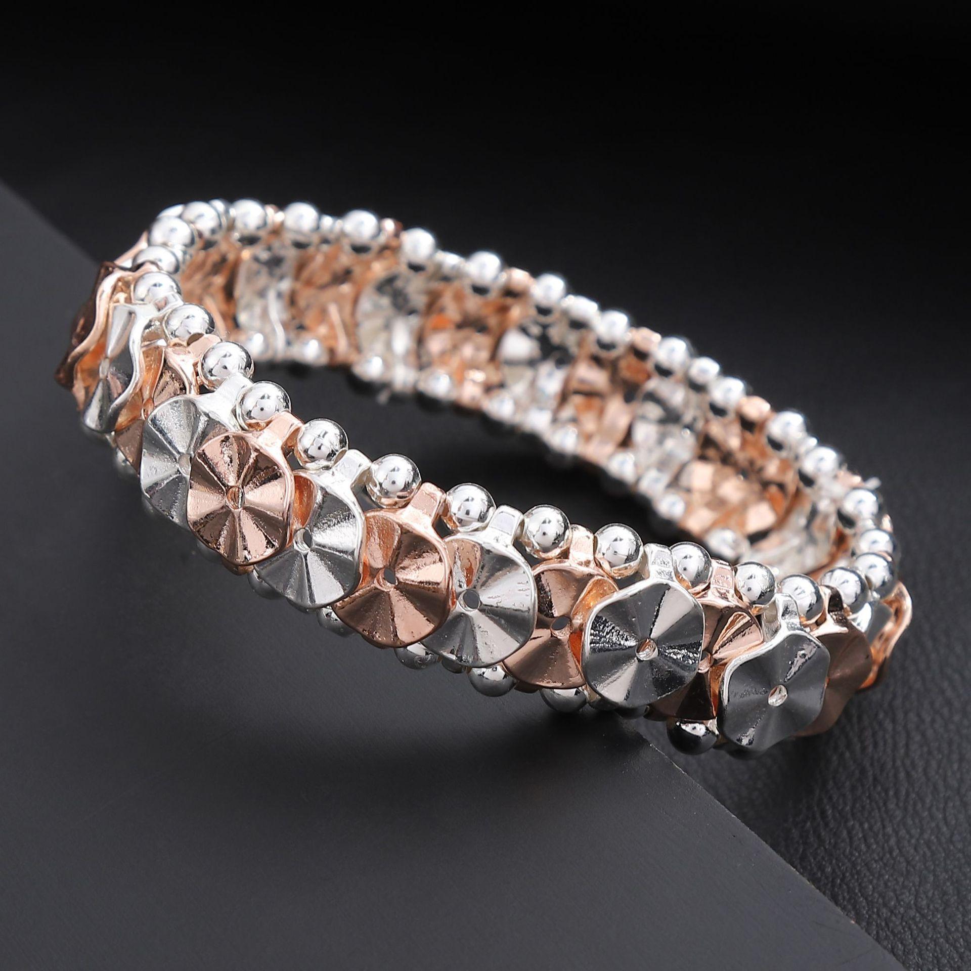 

Геометрический круглый браслет-резинка с цветком, двухцветный браслет из сплава с лепестками, сочетающий розовое золото и серебро, для женщин