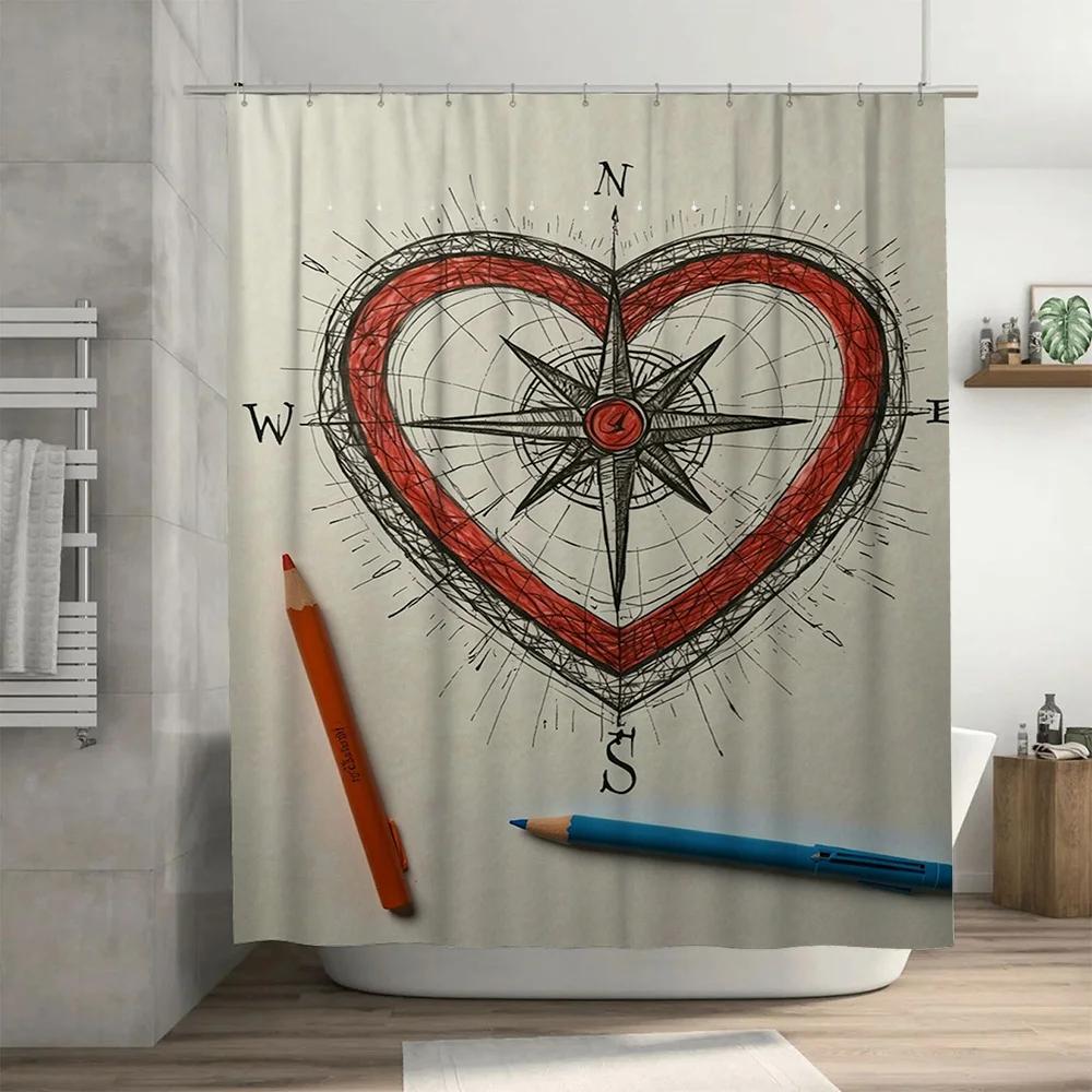 Nautical Decor Shower Curtain Set Waterproof Bathrooms Modern Compass Print Blue Orange Pencil White Bathtub Liner Home Decor