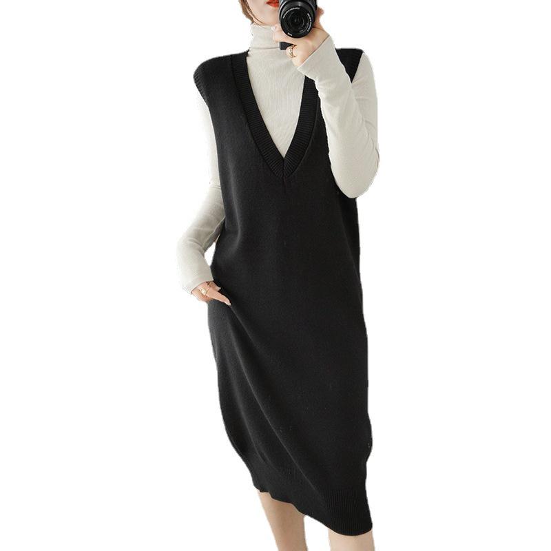 2021 Autumn College Style Long Knit Vest Dress: Loose Over-the-Knee, Elegant Mature Sister Style