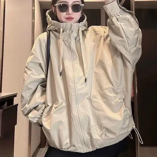 

Весенне-осенняя куртка-ветровка большого размера свободного кроя, модная куртка с кулиской, складывается L абрикосовый