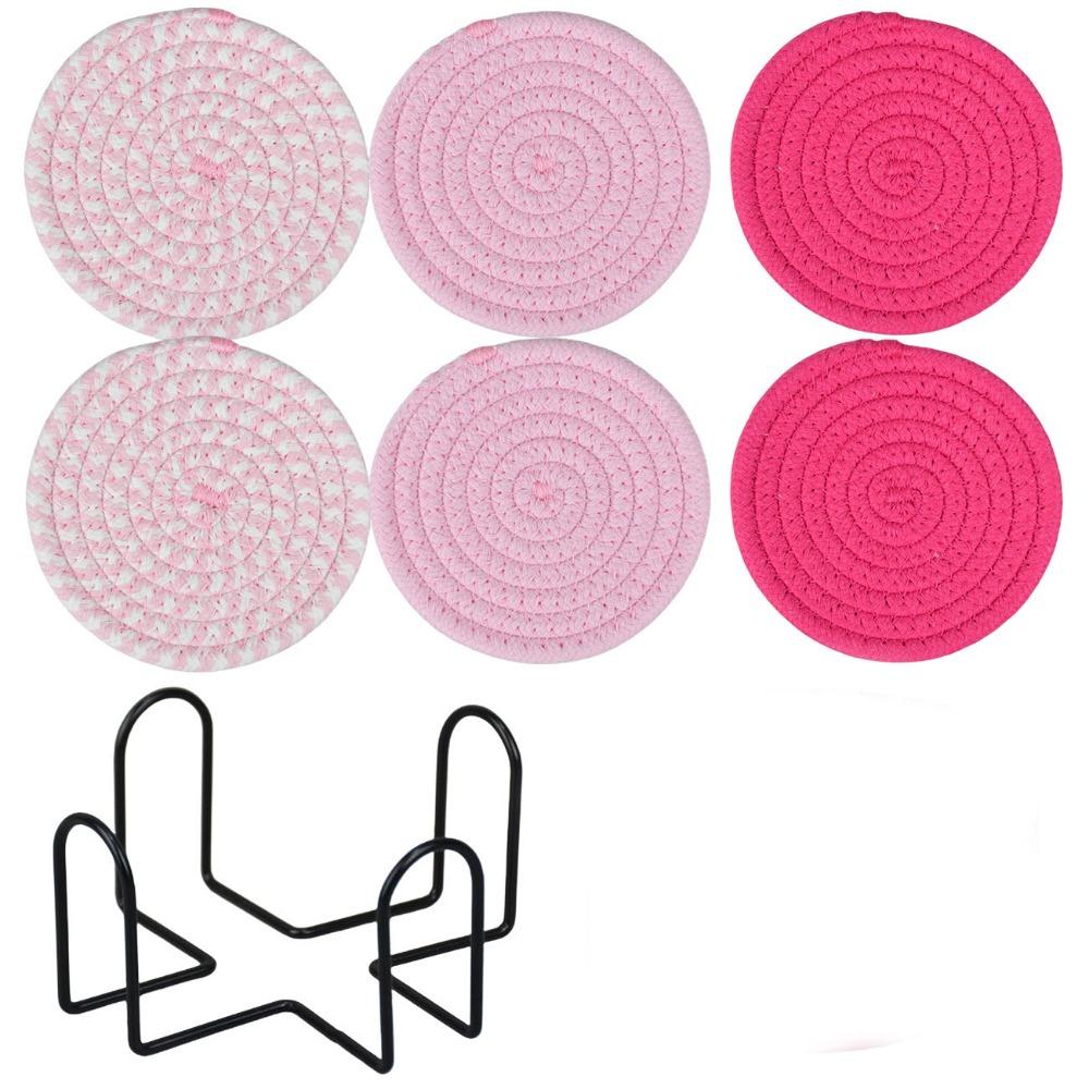 6Pcs Heat-resistant Woven Round  Coaster Set with Holder Tableware Mat Cup Coaster  Household