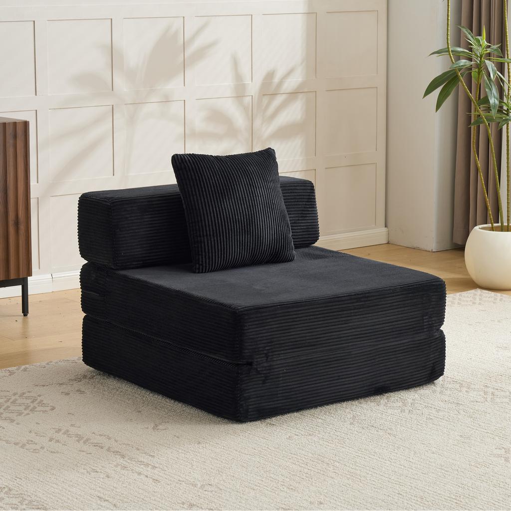 Floor Couch,Compression Sofa,Convertible Sofa Bed-with Pillow Back Support Armrest,Corduroy Fabric,for Living Room Bedroom,Black