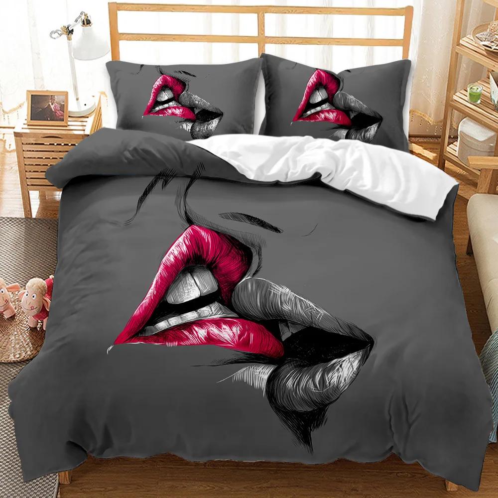 Red Lip Duvet Cover Set Red Lip Lipstick Sexy Adult Couple Comforter Cover Valentine's Day Gift for Lover Polyester Qulit Cover
