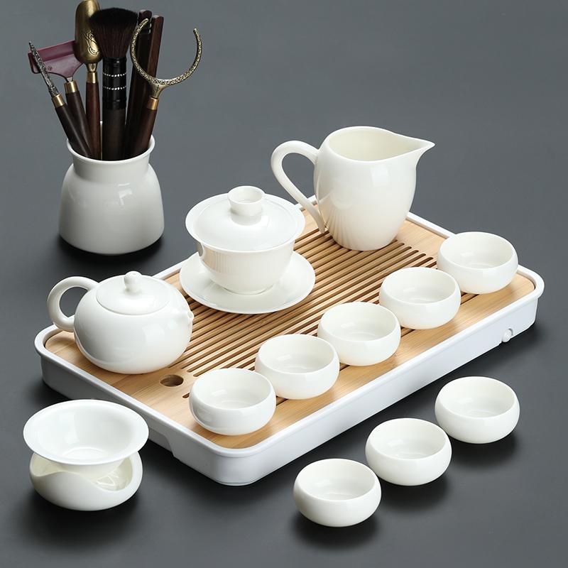 Goat Jade White Porcelain Kung Fu Tea Set Home Brewing Teapot Covered Bowl Chinese Light Luxury Brewing Tea Cup Office Guests