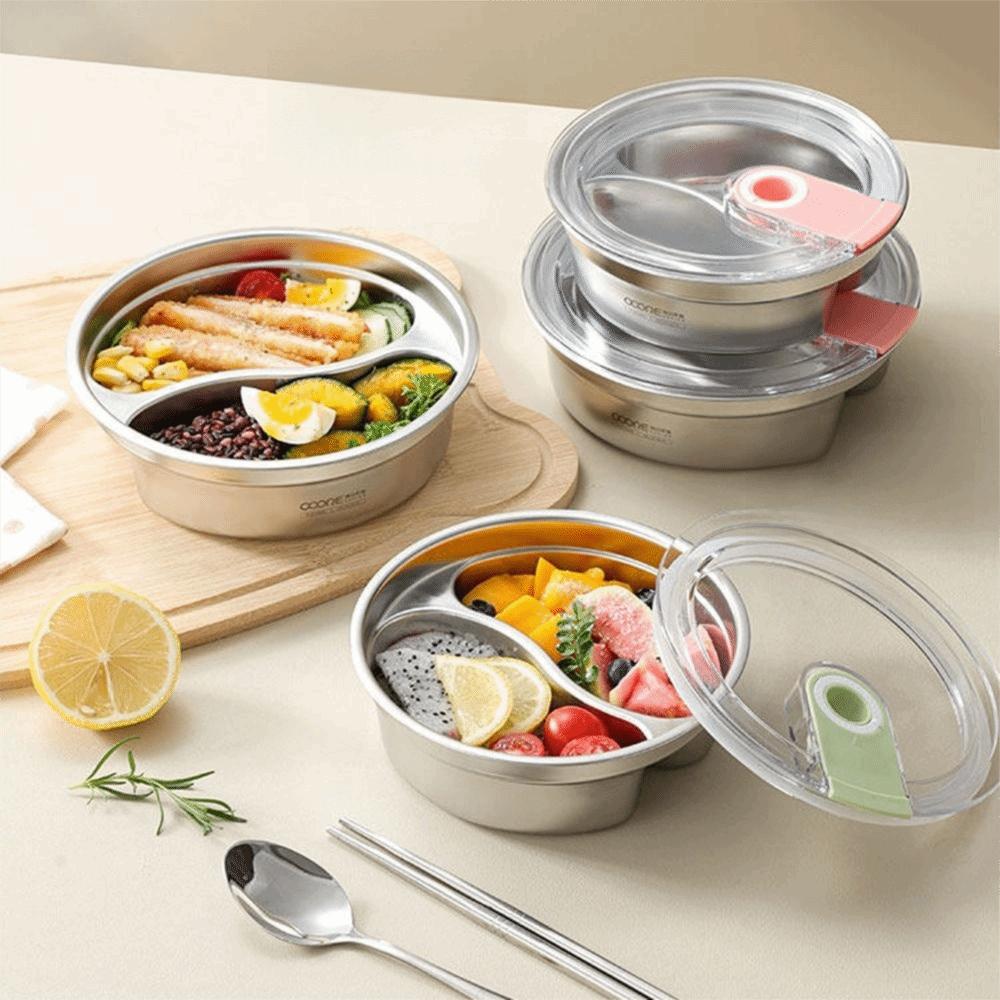 304 Stainless Steel Stainless Steel Lunch Box Large Capacity 2 Compartment Divided Lunch Plate Heat-resistant Clear Lid