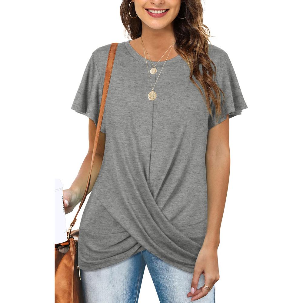 European & American Women's Solid Color Twist Short Sleeve Round Neck T-Shirt