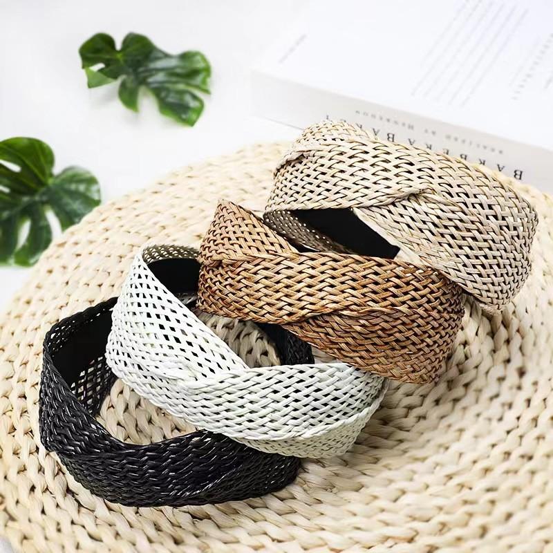 Handgeflochtenes Boho-Stirnband für Damen, Netz-Twist, breiter Haarclip, trendiges Sommer-Haarband, Schwarz, Weiß, Beige, Kaffee