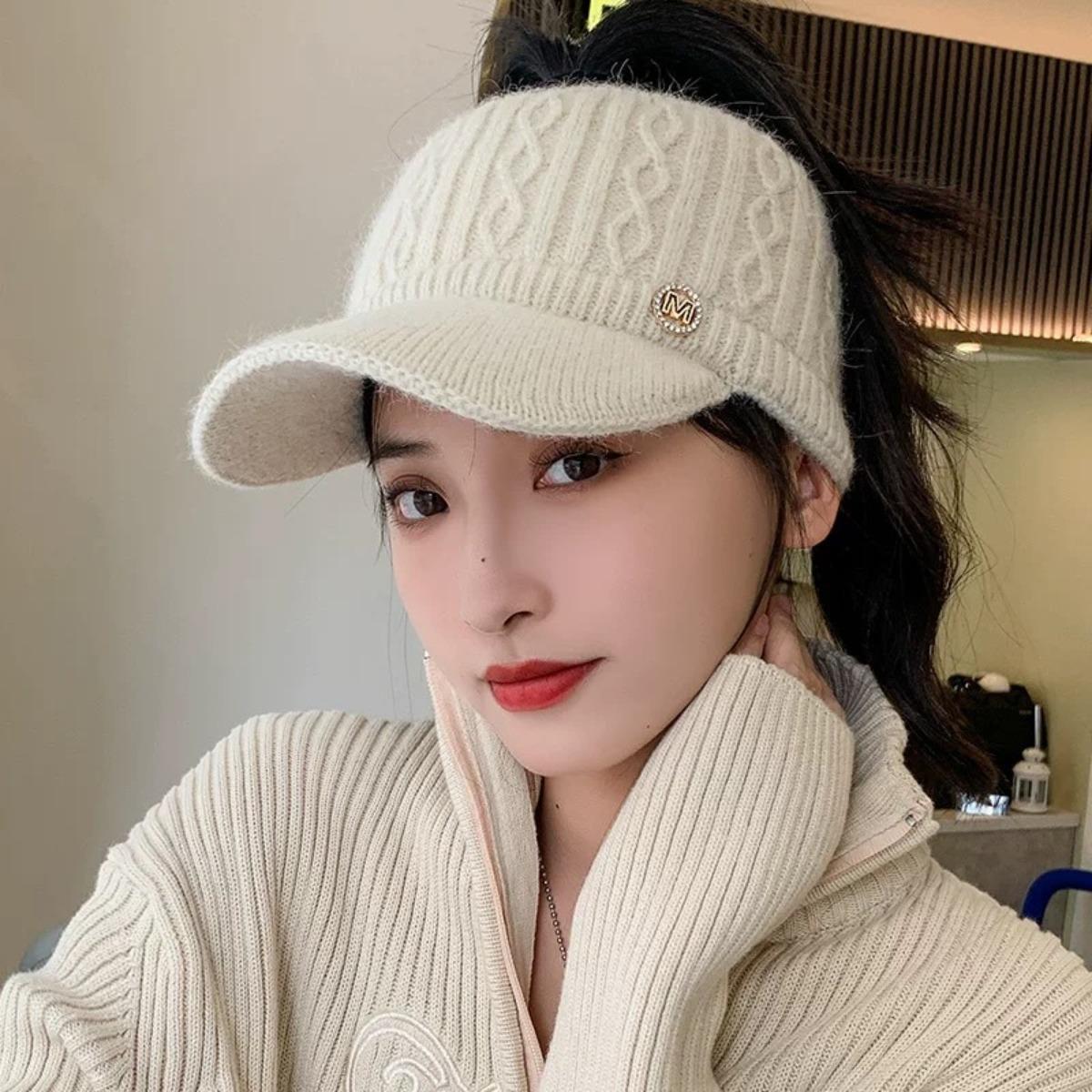 

Теплая шляпа-цилиндр с полым верхом для осени и зимы, утолщенная, с возможностью завязать хвостик для защиты от холода, вязаная шапка для защиты ушей, модная шляпа с козырьком