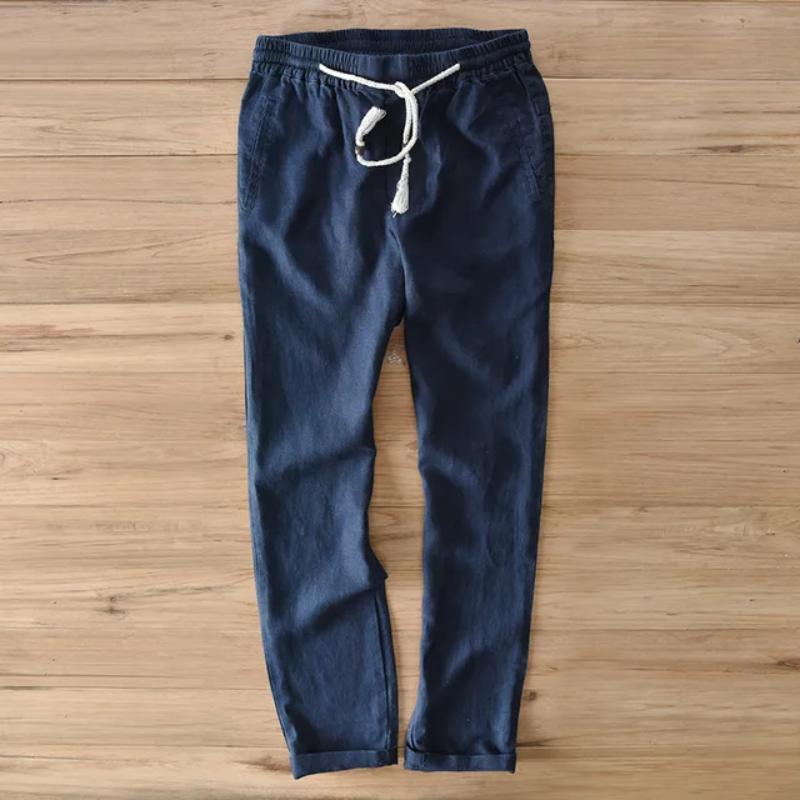 Spring and Summer New Man Pants Natural Pure Linen Long Pant Solid Color Drawstring Elastic Waist Trousers Daily Casual Pants