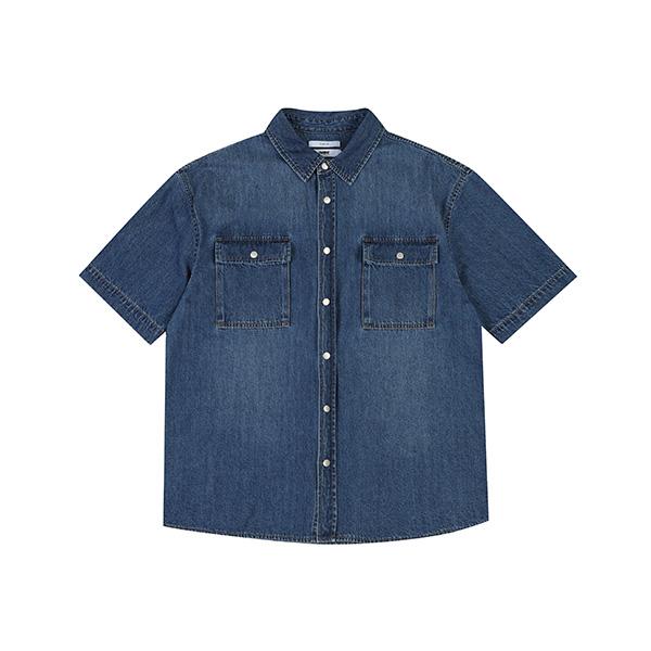 Jambangi Men S Bio-Washed Oversized Denim Short Sleeve Shirt Medium Blue/95