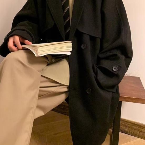 Men Windbreaker Lapel Long Sleeve Double-Breasted Casual Coat Autumn Winter Mid-length Outwear Solid Color Loose Fit Woolen Coat with Pockets