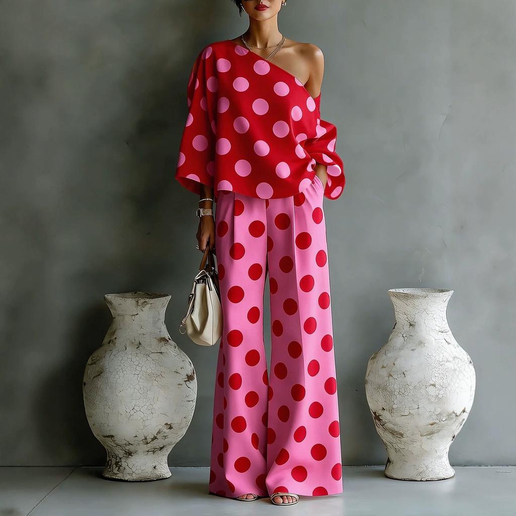 1116 Estate europea e americana nuovo colore pois off-the-shoulder elegante completo pantalone due pezzi per donna