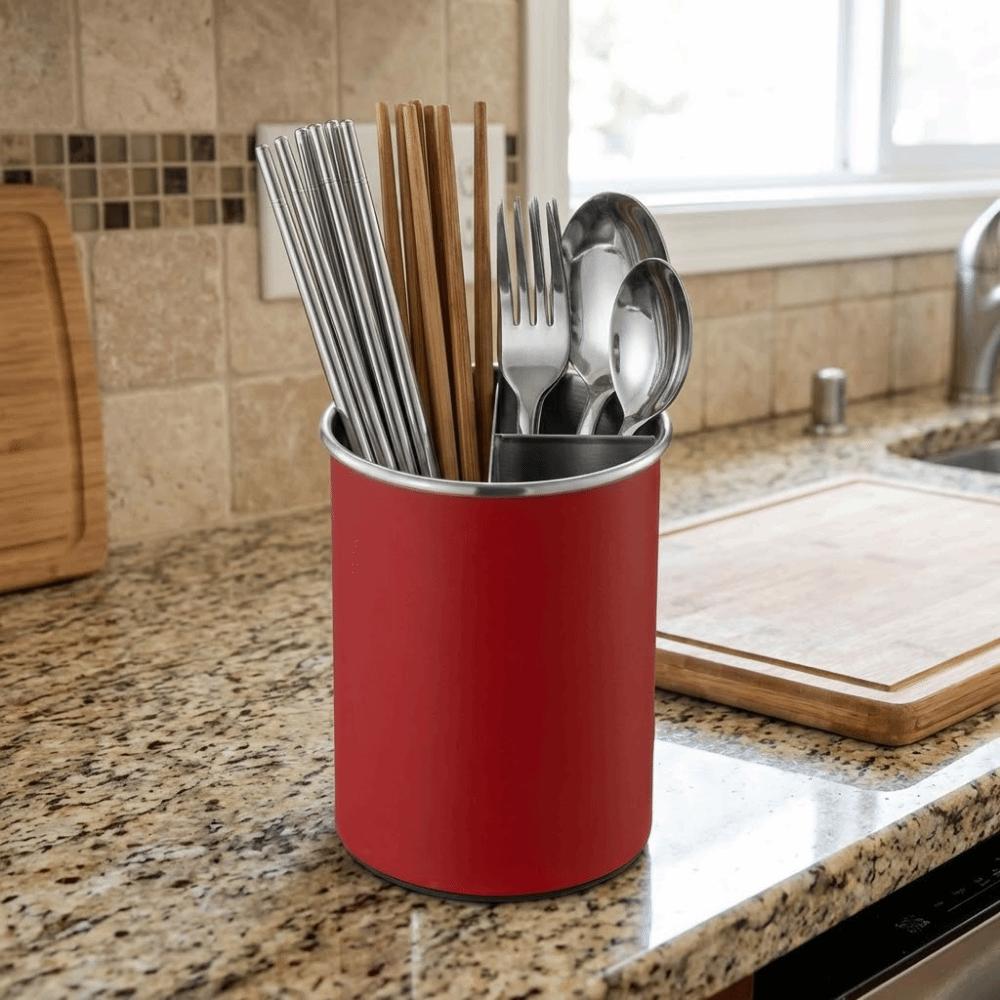 Stainless Steel Rotating Chopstick Tube Detachable Large Capacity Tableware Storage Bucket 3 Divided Space Saving Cutlery Holder