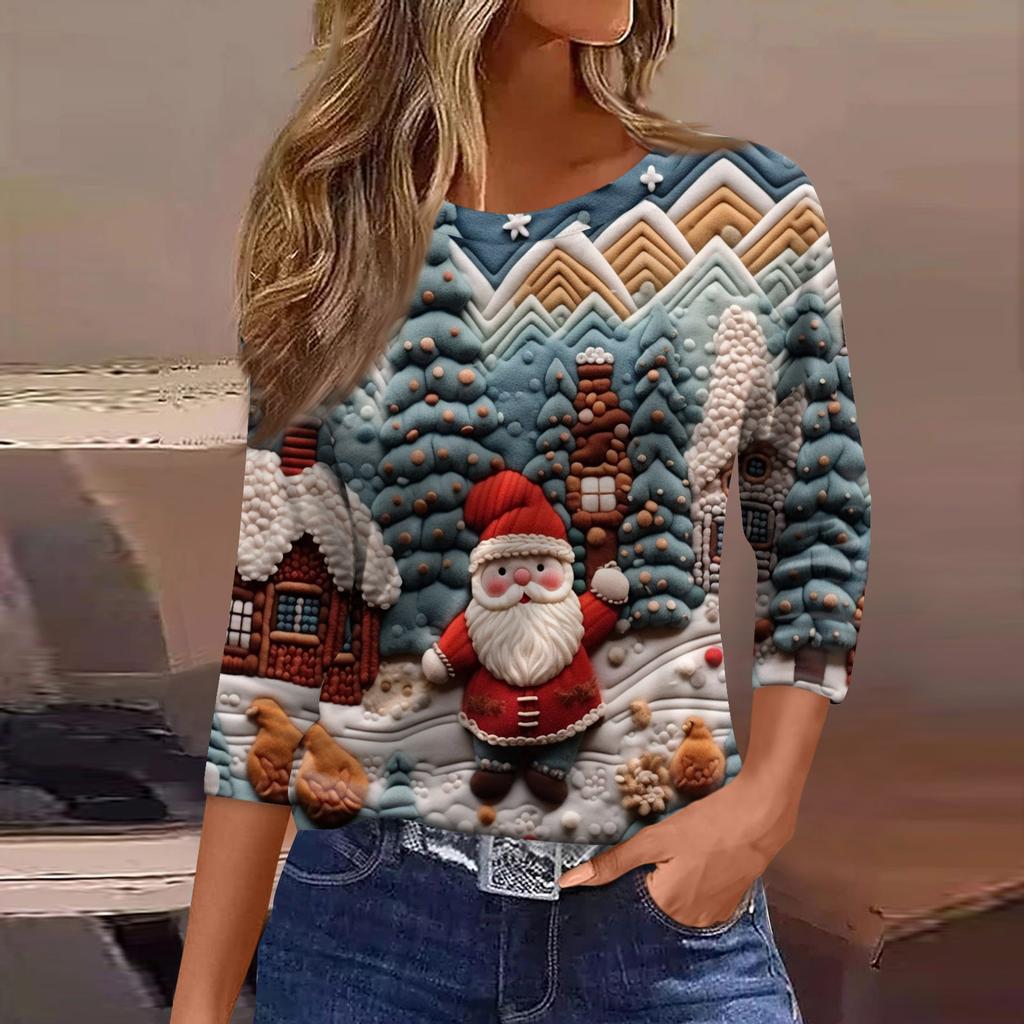 Dame Mote Casual Trekvartsermet Juleprintet Hals Topp